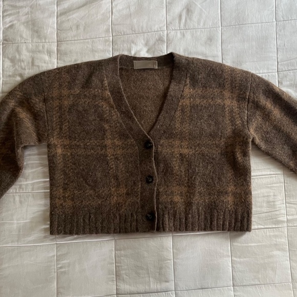 Everlane Brown Plaid boxy Alpaca Blend Cropped Cardigan Sweater Wmns Sz S EUC - Picture 3 of 6